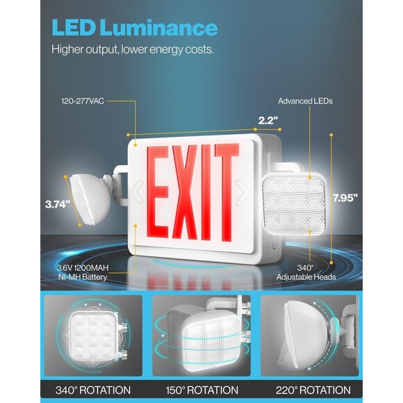 Sunco Red Exit Sign w Two Adjustable Square LED Emergency Lights 94V-0 Fire Resi - Picture 5 of 10